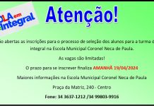 Escola em tempo integral Inscrições PRORROGADAS