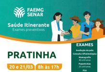 Carreta Itinerante FAEMG\SENAR A Carreta do Sistema FAEMG e SENAR, em parceria com o Hospital de Amor de Barretos, estará em Pratinha, na Praça do Coreto, nos dias 20 e 21 de março. Serão oferecidos exames gratuitos, como: ✅ Mamografia ✅ Preventivo ✅ Avaliação de lesões de pele ✅ E outros exames disponíveis nos dias do evento.